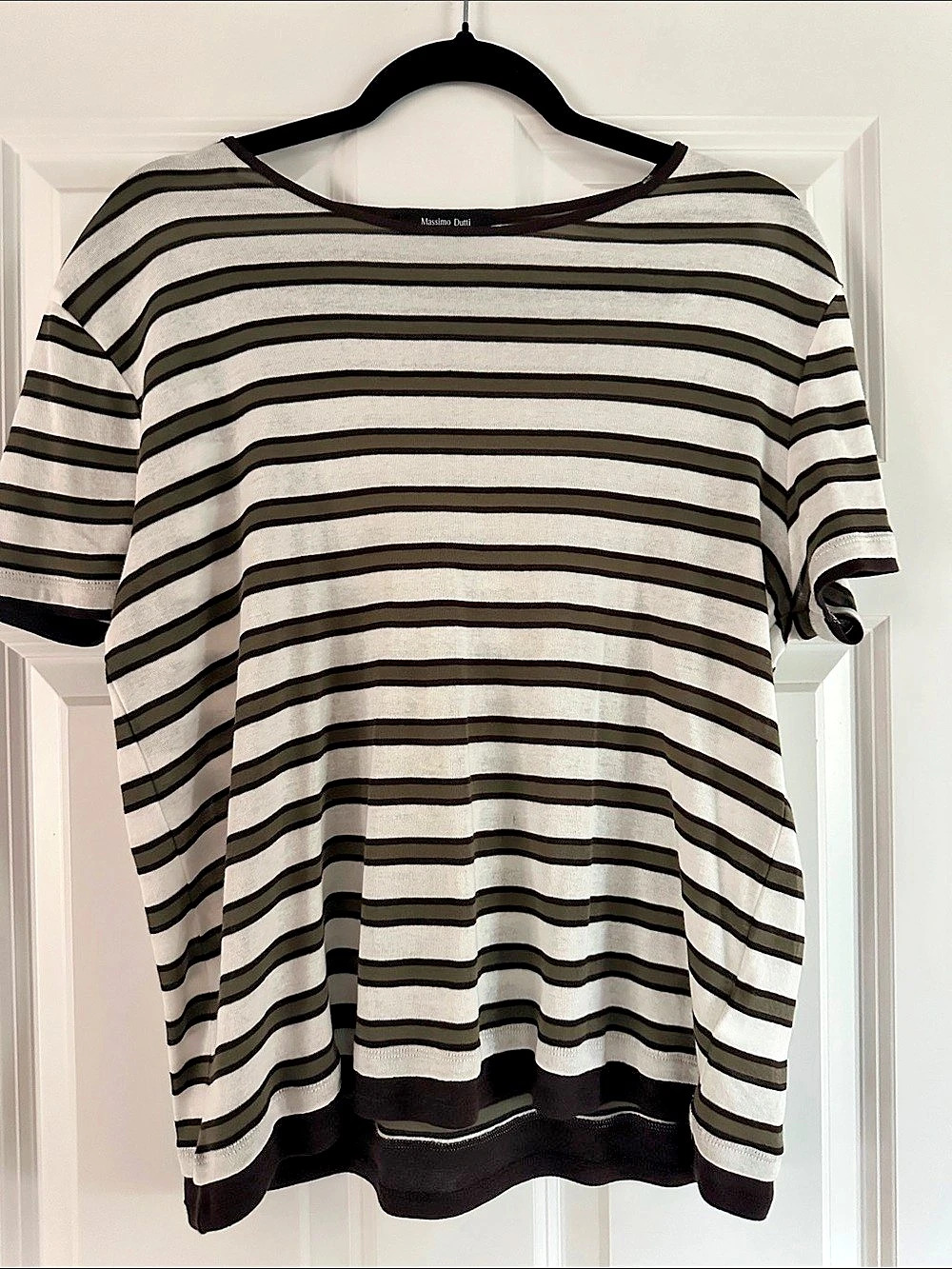 Massimo Dutti Modelo 6883 Striped Short Sleeve Tee White & Brown Large